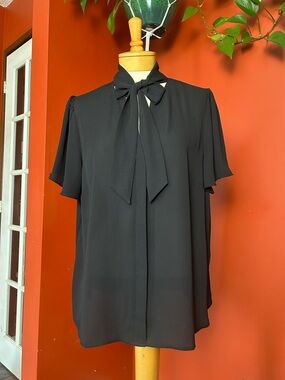 Reitmans Sheer Black Tie-Neck Flutter Sleeve Blouse